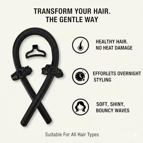 SNOZIO Heatless Curling Rod Headband with Silk Scrunchies & Hair Clip – Overnight Heatless Hair Curler for Natural Curls & Waves – No Heat Curlers for Women, Sleep-In Curling Ribbon (BLACK, Medium) - Image 3