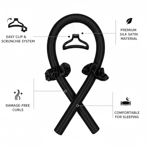 SNOZIO Heatless Curling Rod Headband with Silk Scrunchies & Hair Clip – Overnight Heatless Hair Curler for Natural Curls & Waves – No Heat Curlers for Women, Sleep-In Curling Ribbon (BLACK, Medium) - Image 2