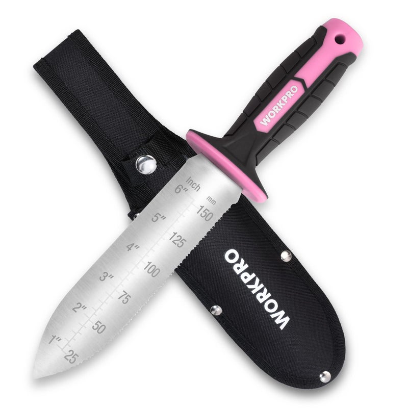 WORKPRO Hori Hori Garden Knife, 7" Stainless Steel Blade with Cutting Edge, Garden Tools with Oxford Sheath, Ergonomic TRP Handle with Hanging Hole for Weeding, Planting, Digging, Pink Ribbon - Image 1