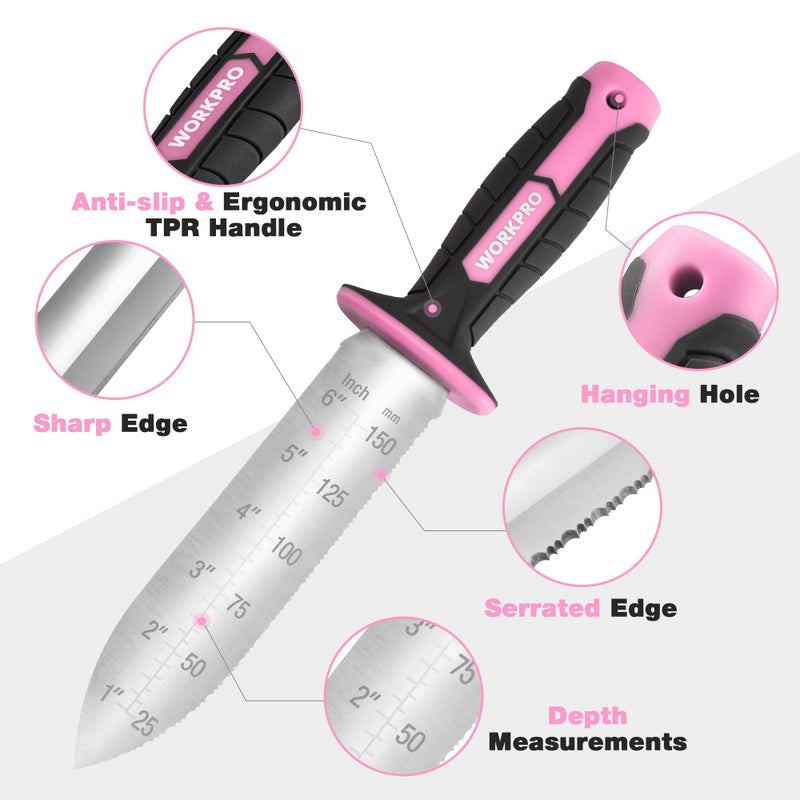 WORKPRO Hori Hori Garden Knife, 7" Stainless Steel Blade with Cutting Edge, Garden Tools with Oxford Sheath, Ergonomic TRP Handle with Hanging Hole for Weeding, Planting, Digging, Pink Ribbon - Image 4