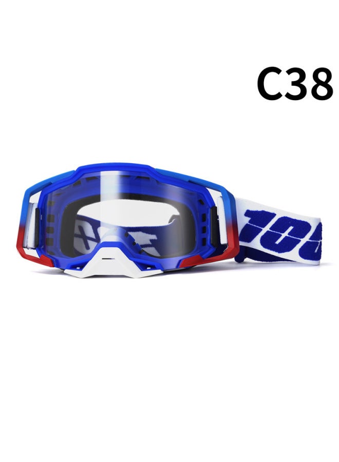 Pitscottfox C38 Motocross Goggles Windproof - Blue and Red Gradient Frame, Blue and White, Clear Lens