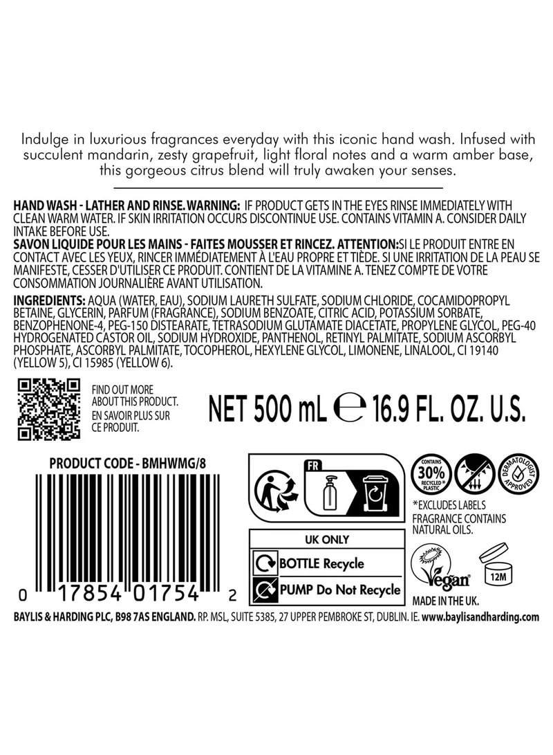 Baylis & Harding Baylis & Harding Sweet Mandarin and Grapefruit Hand Wash, 500 ml | Vegan | Citrus & Fruity Refreshing Fragrance | Paraben Free