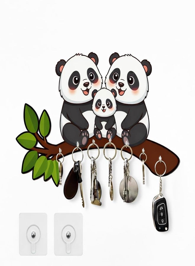 Panda Family Wall Key Holder with 6 Hooks | Cute Cartoon Panda Design Key Organizer for Home Entrance | Decorative Key Stand with Strong Adhesive Mount