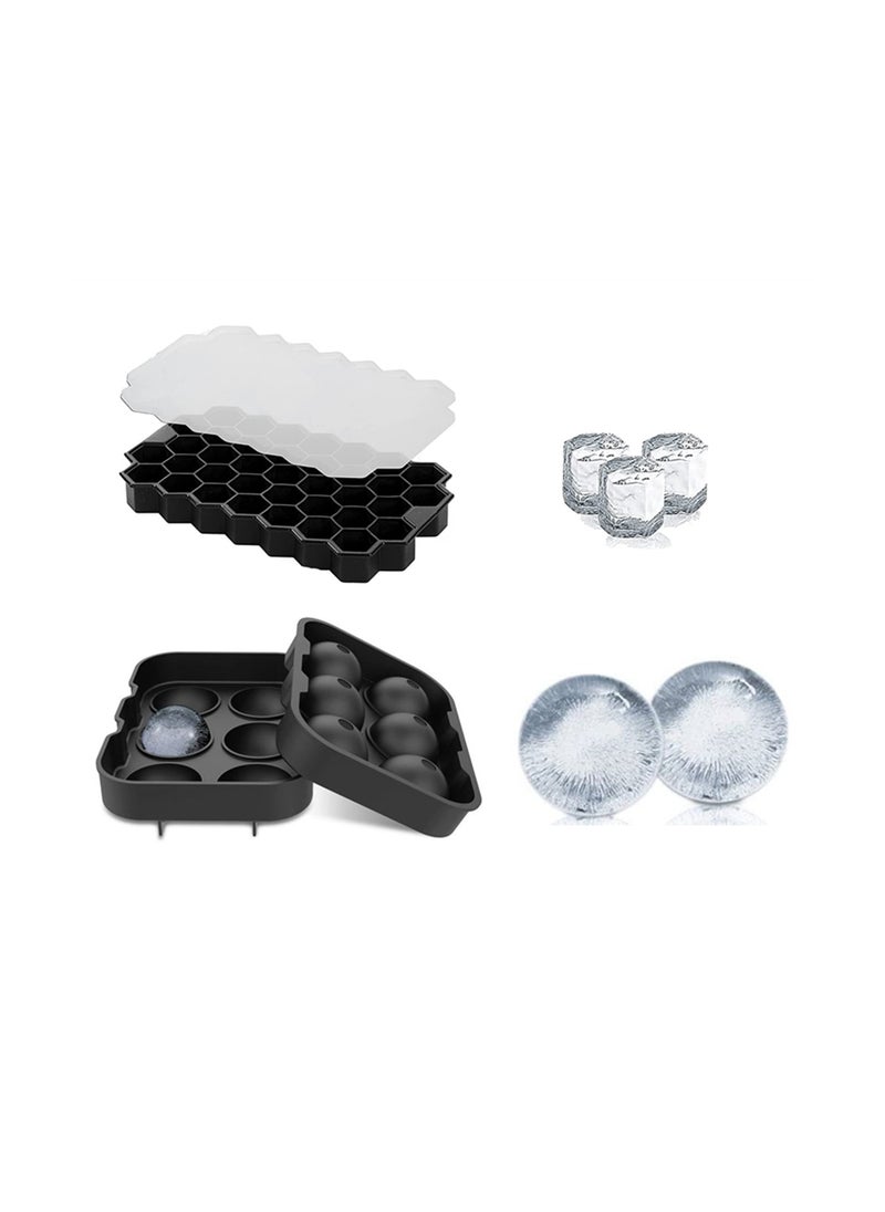 Hawaii - Ice Cube Trays 2 Pack Silicone Ice Ball and Ice Tray with Cover Easy Release 37 Hexagonal Cubes and 6 Balls for Drinks Food Grade Black - Image 1