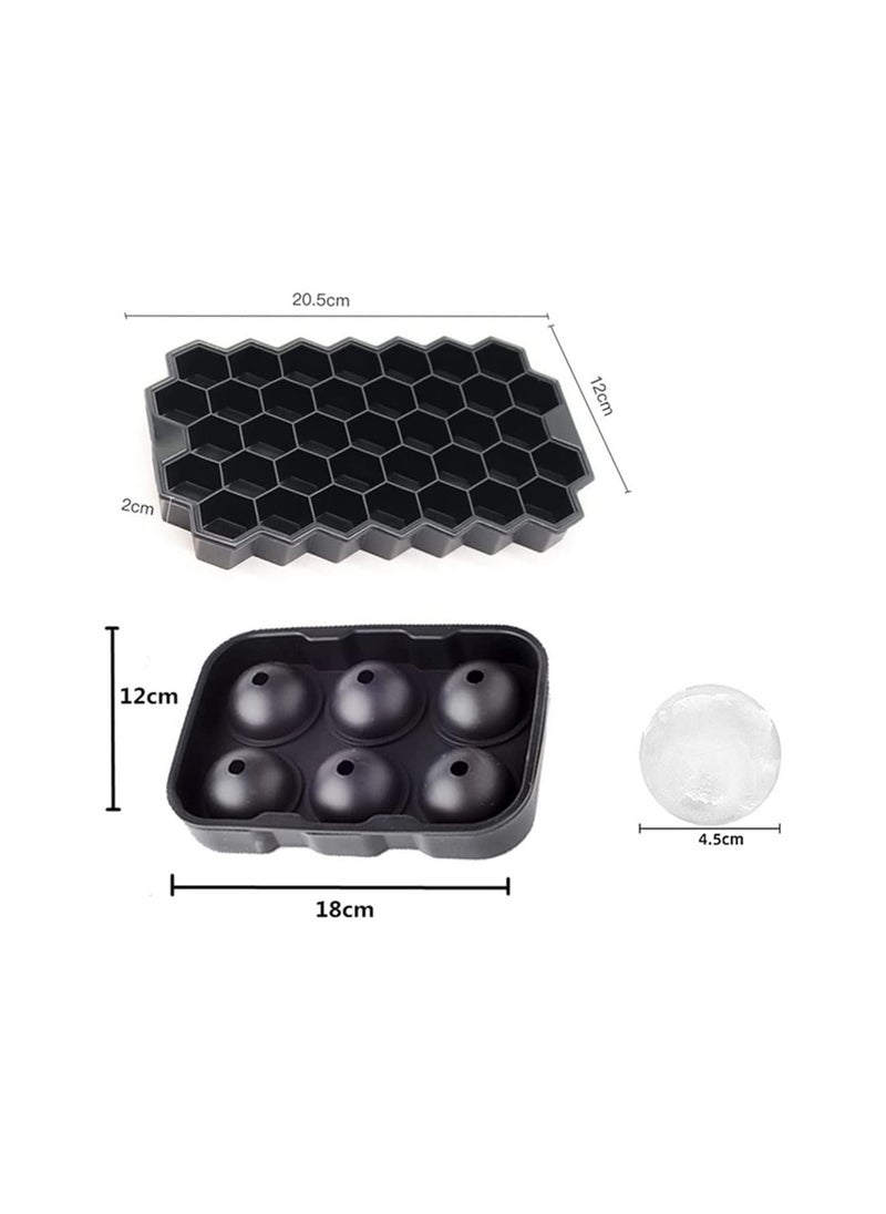 Hawaii - Ice Cube Trays 2 Pack Silicone Ice Ball and Ice Tray with Cover Easy Release 37 Hexagonal Cubes and 6 Balls for Drinks Food Grade Black - Image 1