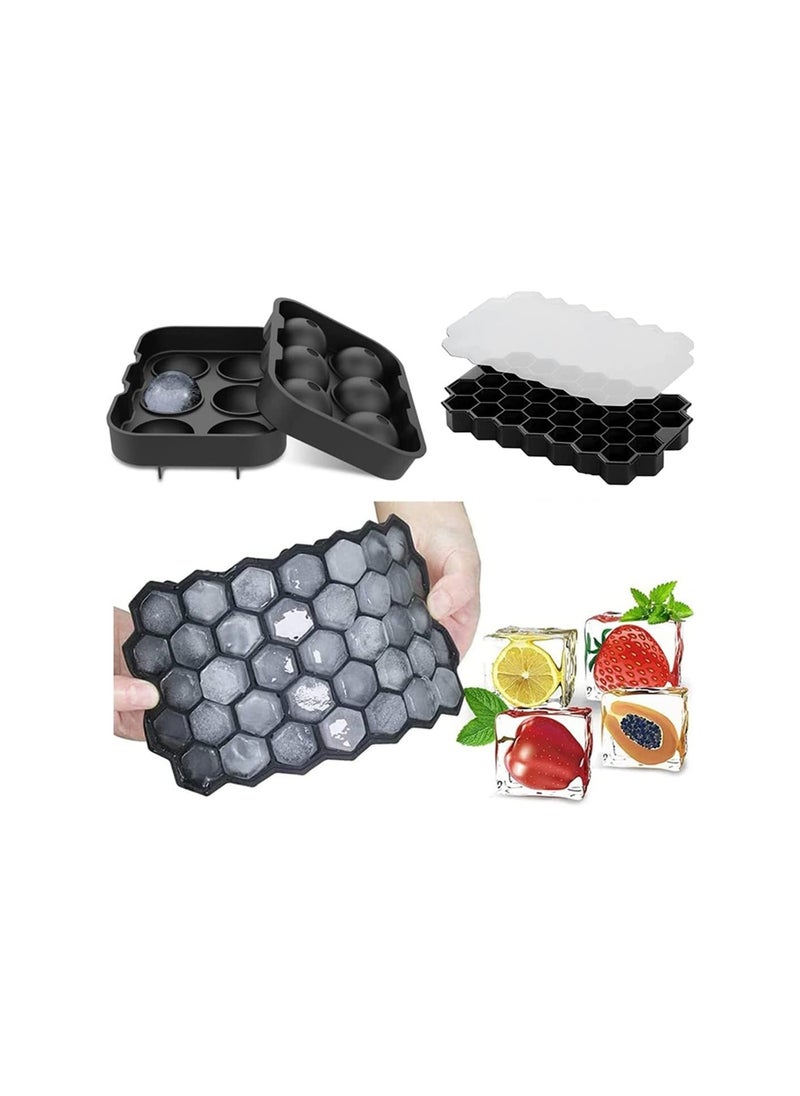 Hawaii - Ice Cube Trays 2 Pack Silicone Ice Ball and Ice Tray with Cover Easy Release 37 Hexagonal Cubes and 6 Balls for Drinks Food Grade Black - Image 1