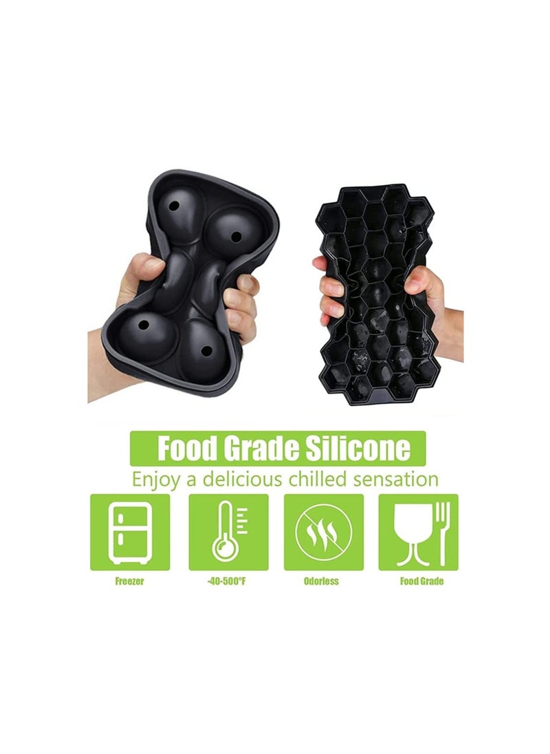 Hawaii - Ice Cube Trays 2 Pack Silicone Ice Ball and Ice Tray with Cover Easy Release 37 Hexagonal Cubes and 6 Balls for Drinks Food Grade Black - Image 1