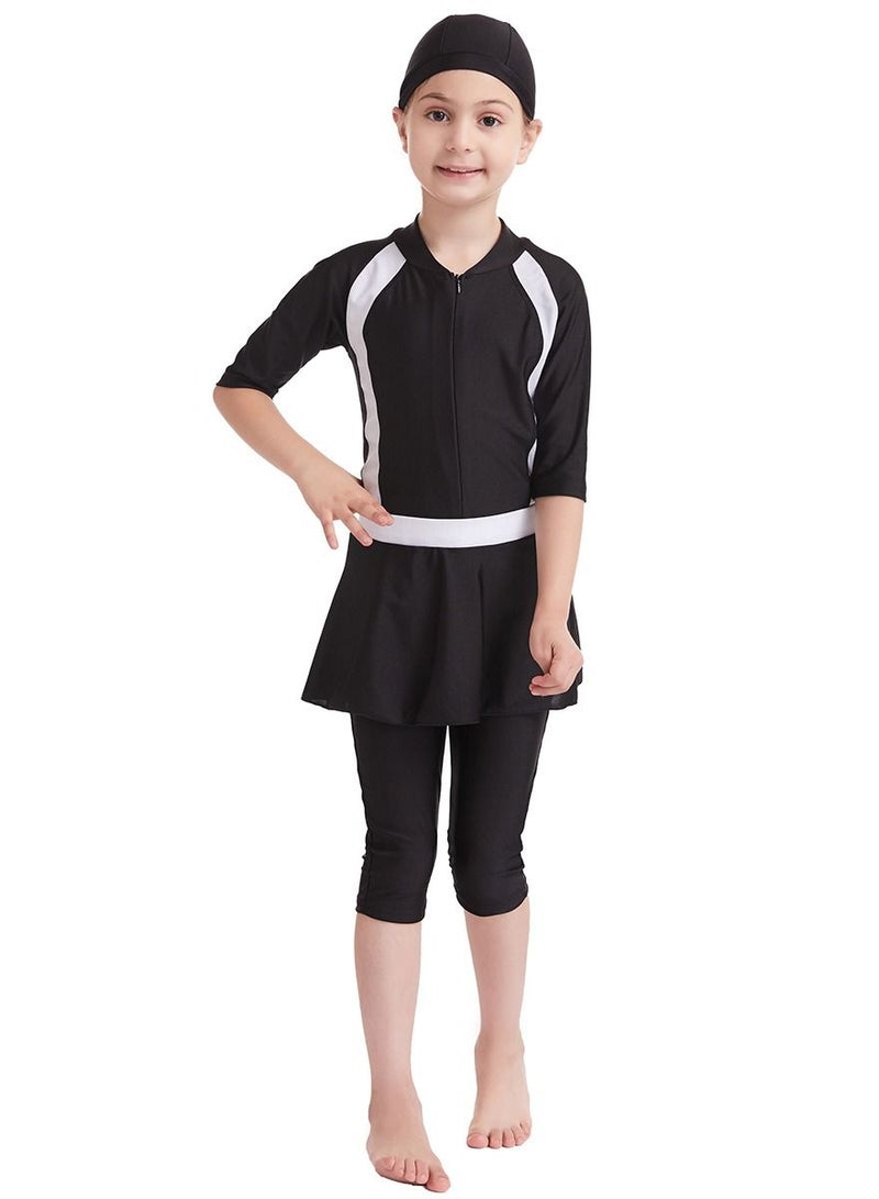 Loquat Girls Three-Piece Swimwear Set Conservative Style Swimsuit Black - Image 1