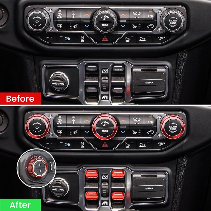 DIAMOOKY 8PCS Metal Button Knob Cover for Jeep Wrangler JL JLU 2018-2025 & Gladiator JT Accessories Window Switch Button Cover Volume Radio Air Conditioner Headlight Switch Knob Cover (Red) - Image 4