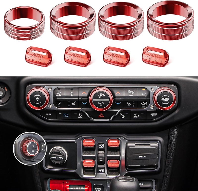 DIAMOOKY 8PCS Metal Button Knob Cover for Jeep Wrangler JL JLU 2018-2025 & Gladiator JT Accessories Window Switch Button Cover Volume Radio Air Conditioner Headlight Switch Knob Cover (Red) - Image 1