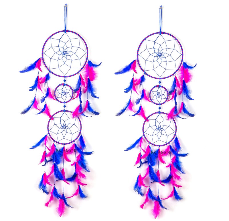 BS AMOR Combo Pack of 2 Dream Catcher Attract Positive Dreams Traditional Indian Wall Art for Bedrooms, Home Wall, Hanging Design Wool Dream Catcher - Pink and Blue - Image 1