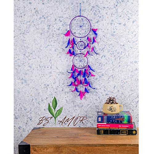 BS AMOR Combo Pack of 2 Dream Catcher Attract Positive Dreams Traditional Indian Wall Art for Bedrooms, Home Wall, Hanging Design Wool Dream Catcher - Pink and Blue - Image 3