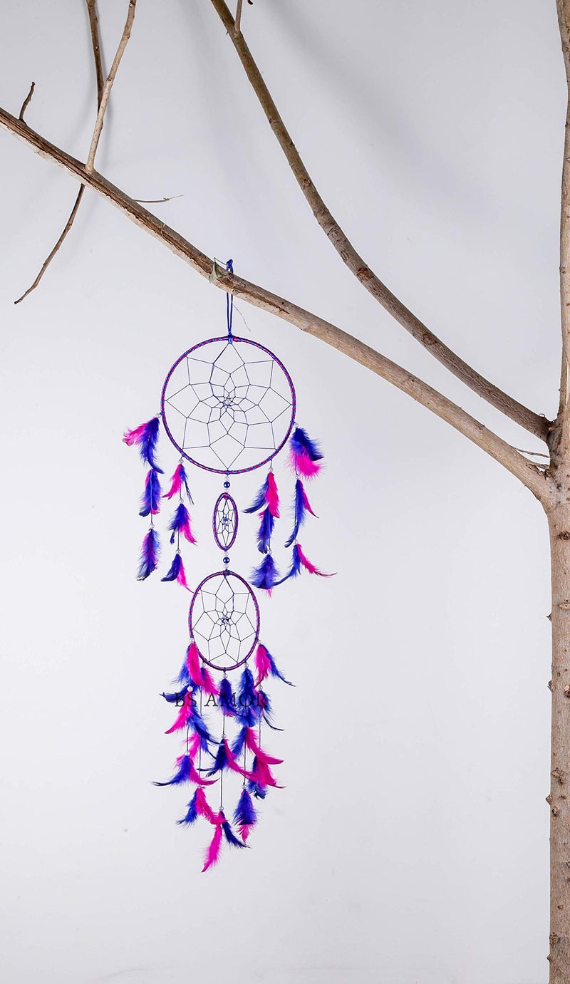 BS AMOR Combo Pack of 2 Dream Catcher Attract Positive Dreams Traditional Indian Wall Art for Bedrooms, Home Wall, Hanging Design Wool Dream Catcher - Pink and Blue - Image 4