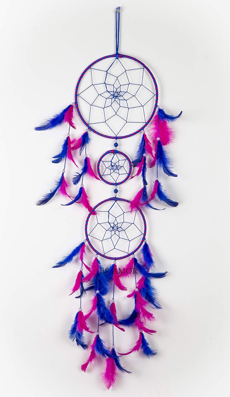 BS AMOR Combo Pack of 2 Dream Catcher Attract Positive Dreams Traditional Indian Wall Art for Bedrooms, Home Wall, Hanging Design Wool Dream Catcher - Pink and Blue - Image 5
