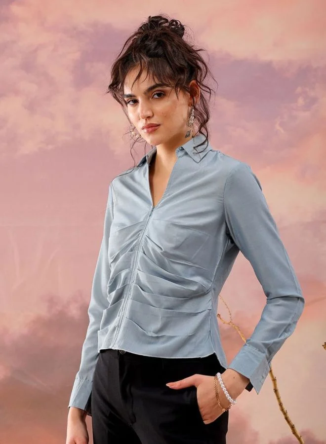 Freehand  Women Regular Fit Solid Round Neck Long Sleeve Pleated Top for Women | Best Price UAE
