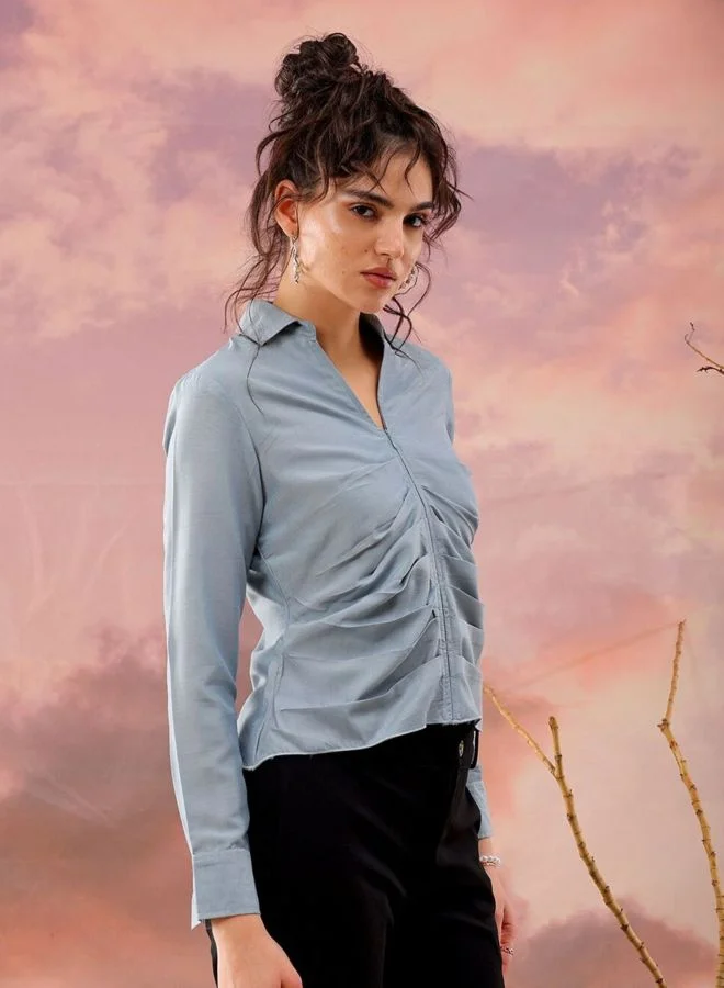 Freehand  Women Regular Fit Solid Round Neck Long Sleeve Pleated Top for Women | Best Price UAE