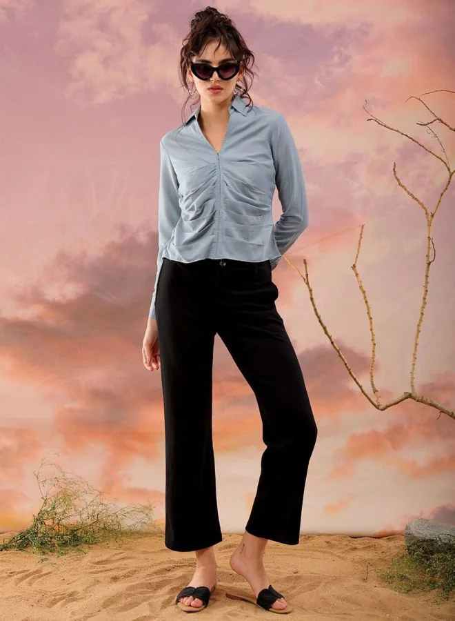 Freehand  Women Regular Fit Solid Round Neck Long Sleeve Pleated Top for Women | Best Price UAE