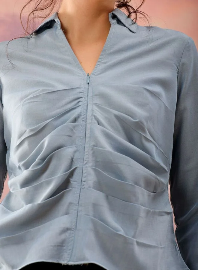 Freehand  Women Regular Fit Solid Round Neck Long Sleeve Pleated Top for Women | Best Price UAE