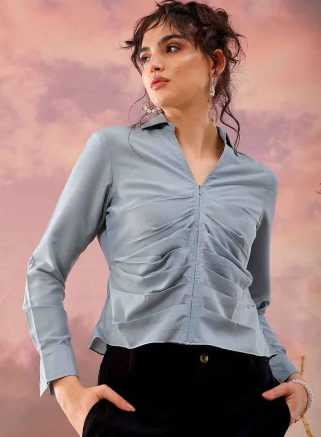 Women Regular Fit Solid Round Neck Long Sleeve Pleated Top