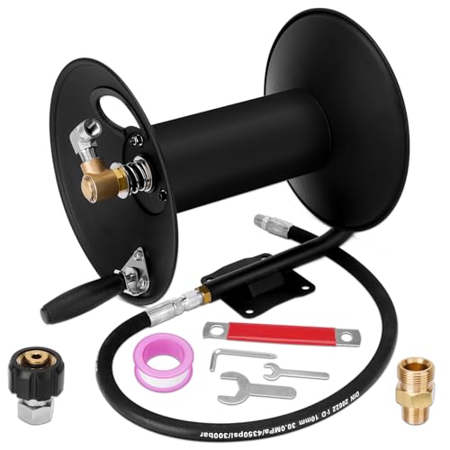 YEHERIT High Pressure Washer Hose Reel 100ft 3/8" NPT, 4000 PSI Heavy Duty Steel Power Washer Hose Reel with Swivel Arm, Mounting Bracket & M22 14mm Fitting, Wall/Machine/Van/Trailer Mount Compatible - Image 1