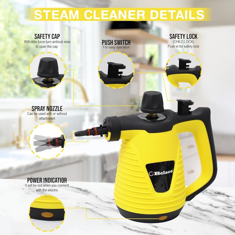 Belaco Multipurpose Steam Cleaner HandHeld with 9 Pieces Accessory kit for Multipurpose Yellow portable steamer for stain removing tiles kitchen bathroom garment car seats & more 1050W British Plug - Image 4
