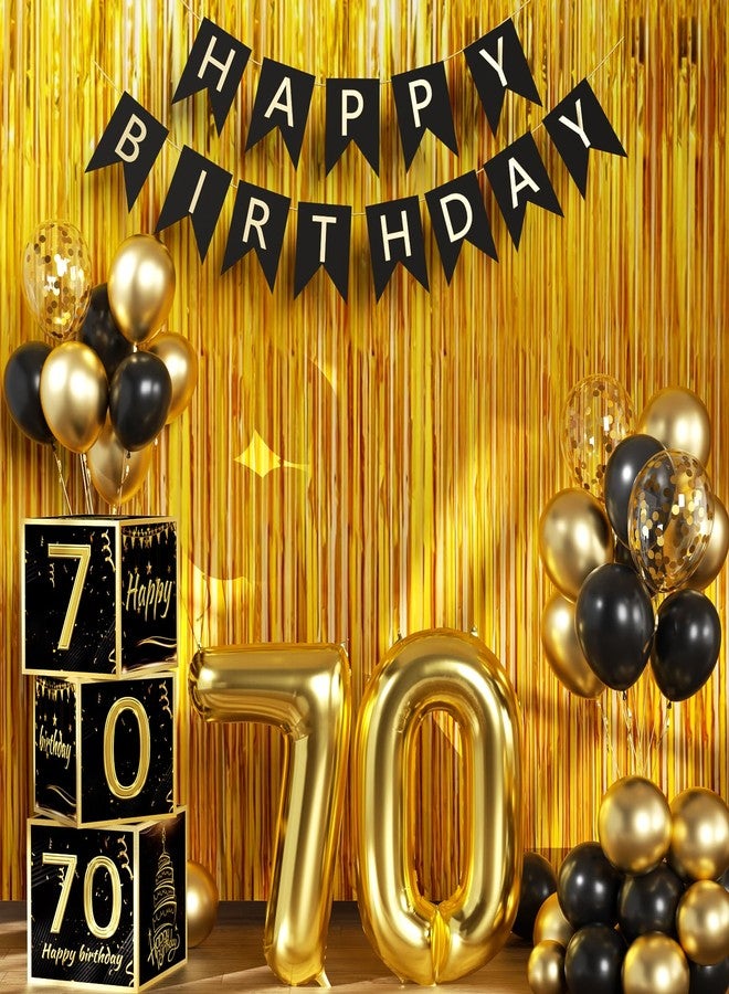 Sllyfo 70th Birthday Decorations for Men Women, Black Gold 70 Year Old Balloons Boxes Party Favors, 70 Balloons Happy Birthday Banner Kit, Tassel Curtain, 70 Year Old Balloon Boxes Box - Image 1