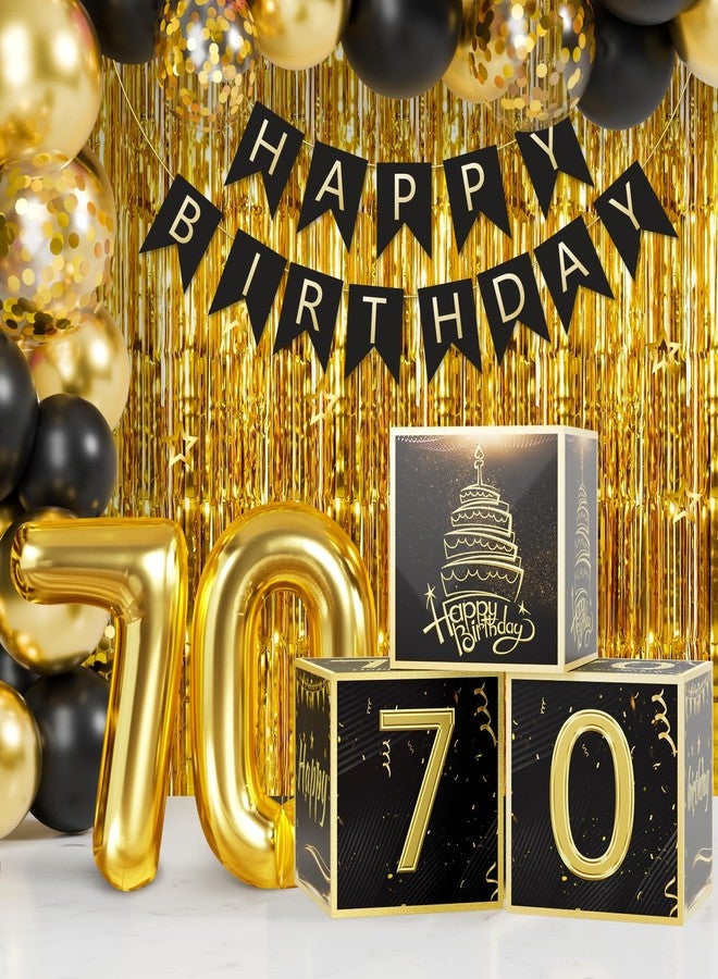 Sllyfo 70th Birthday Decorations for Men Women, Black Gold 70 Year Old Balloons Boxes Party Favors, 70 Balloons Happy Birthday Banner Kit, Tassel Curtain, 70 Year Old Balloon Boxes Box - Image 2