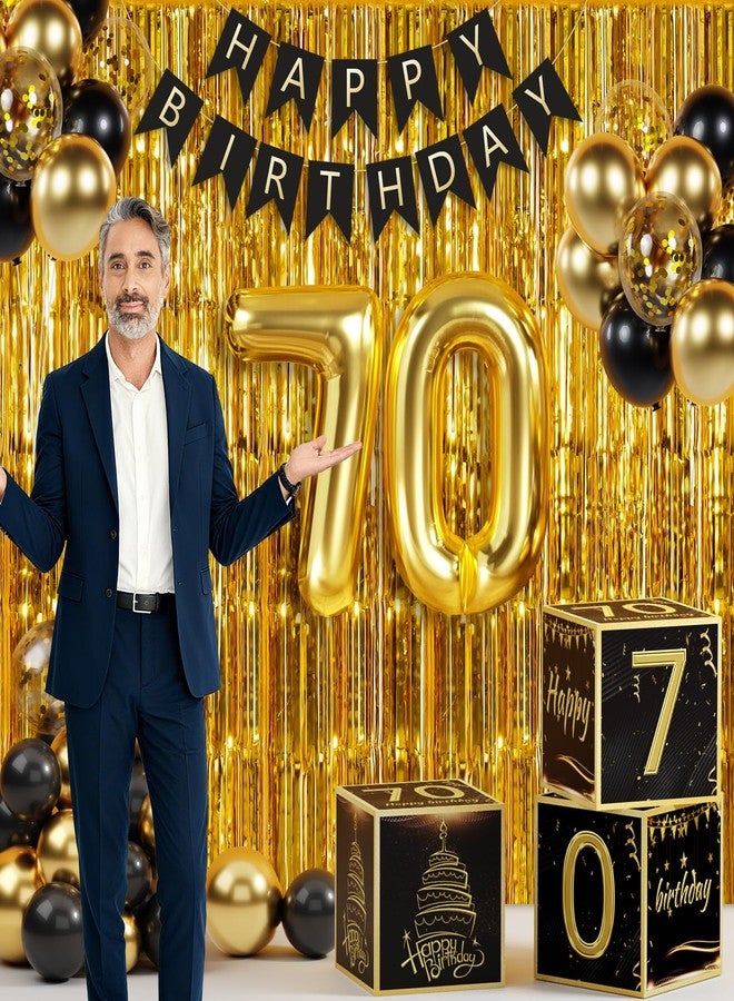 Sllyfo 70th Birthday Decorations for Men Women, Black Gold 70 Year Old Balloons Boxes Party Favors, 70 Balloons Happy Birthday Banner Kit, Tassel Curtain, 70 Year Old Balloon Boxes Box - Image 4