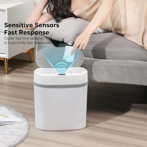 ATEVON 12L Smart Motion Sensor Trash Can – Oval Touchless Plastic Dustbin with Lid for Bathroom, Kitchen, Bedroom, Office – Battery Operated Automatic Waste Bin (White) - Image 4