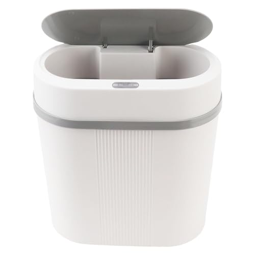 ATEVON 12L Smart Motion Sensor Trash Can – Oval Touchless Plastic Dustbin with Lid for Bathroom, Kitchen, Bedroom, Office – Battery Operated Automatic Waste Bin (White) - Image 1
