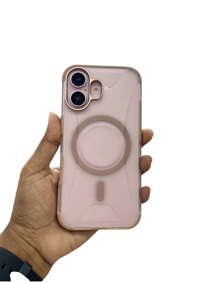 Generic - Shockproof Leather Phone Case with Wireless Charger Magsafe Case for iPhone 16 Plus  pink/Clear - Image 1