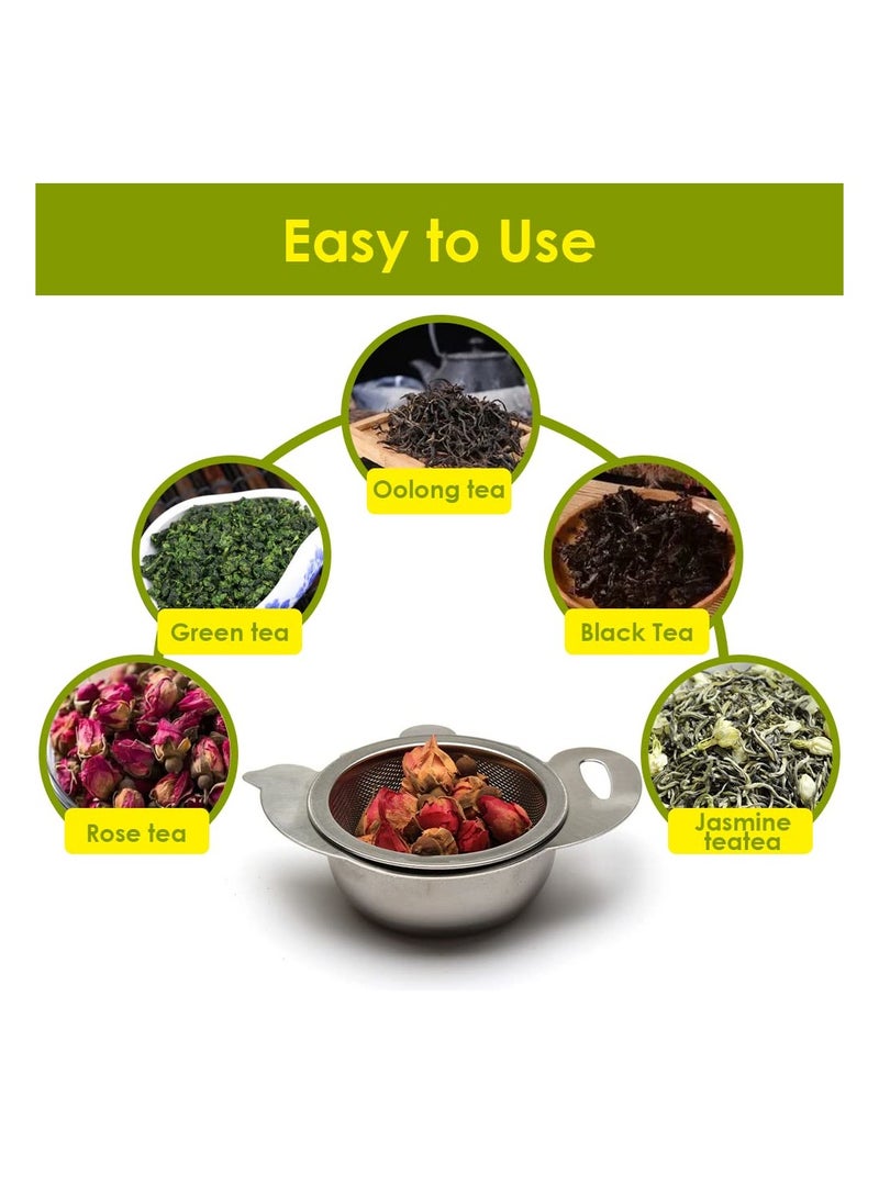 2 Pieces Tea Strainers with Drip Bowl Fine Mesh Stainless Steel Tea Filter with Handle Reusable Tea Interval Diffuser for Loose Leaf Coffee Herbal Spice Juice Filter Silver - Image 4