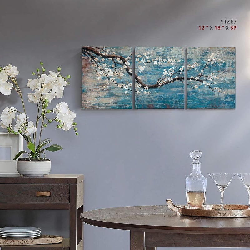 amatop 3 Piece Wall Art Hand-Painted Framed Flower Oil Painting On Canvas Gallery Wrapped Modern Floral Artwork for Living Room Bedroom Décor Teal Blue Lake Ready to Hang 12"x16"x3 Panel - Image 4