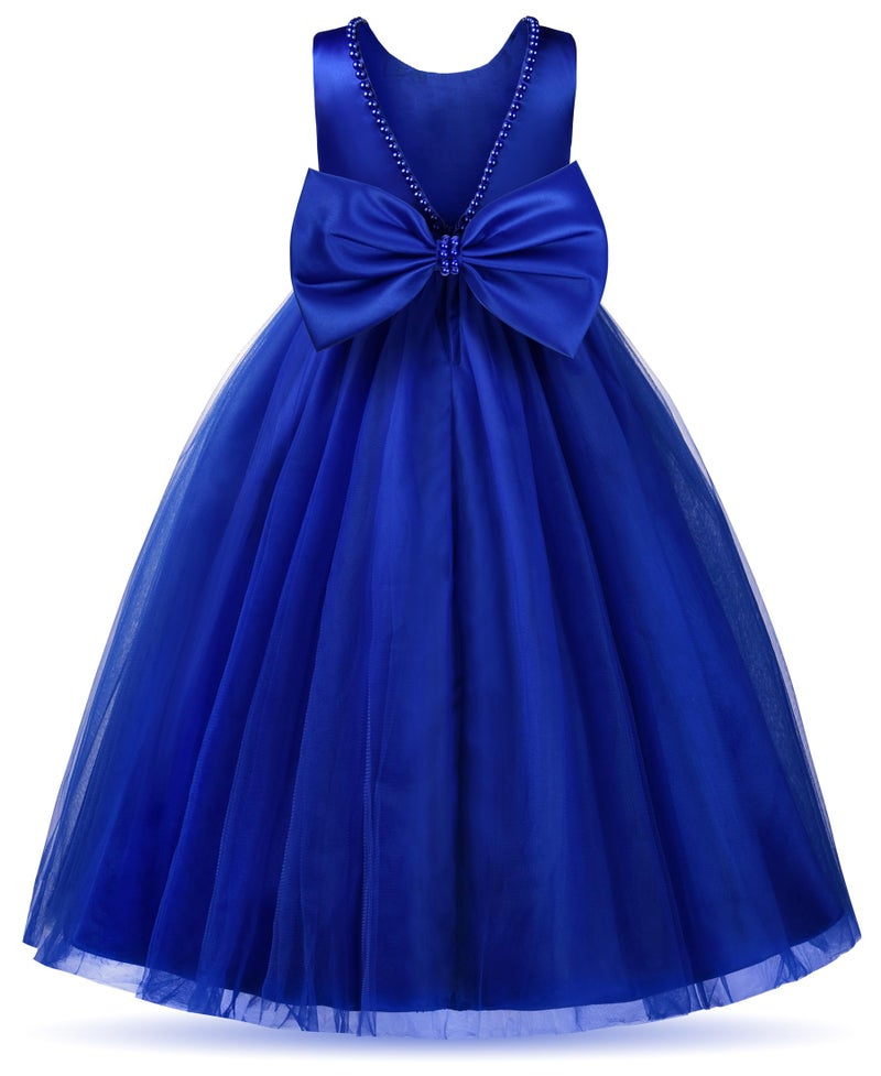 Uhnice Flower Girl Pearls Dress V-Back Tulle Ball Gown Satin Prom with Bow-Knot for Wedding Pageant Birthday Party (Navy Blue, 130/7-8 Years) - Image 1