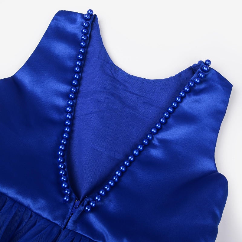Uhnice Flower Girl Pearls Dress V-Back Tulle Ball Gown Satin Prom with Bow-Knot for Wedding Pageant Birthday Party (Navy Blue, 130/7-8 Years) - Image 5