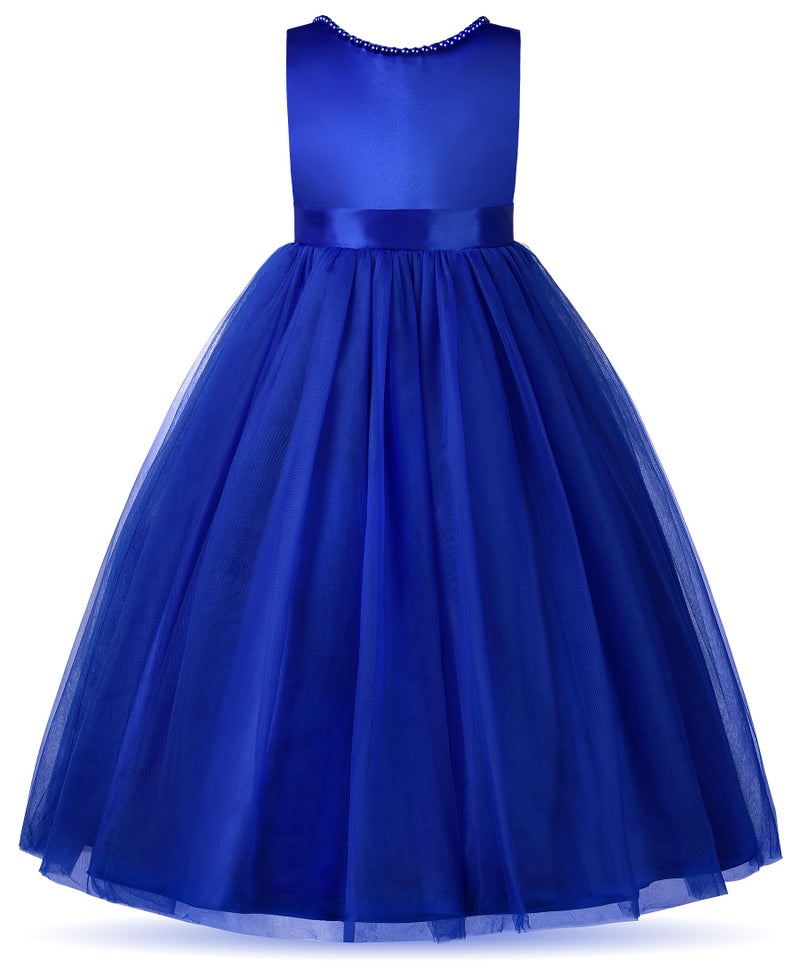 Uhnice Flower Girl Pearls Dress V-Back Tulle Ball Gown Satin Prom with Bow-Knot for Wedding Pageant Birthday Party (Navy Blue, 130/7-8 Years) - Image 3