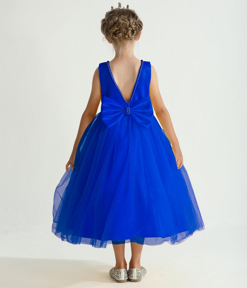 Uhnice Flower Girl Pearls Dress V-Back Tulle Ball Gown Satin Prom with Bow-Knot for Wedding Pageant Birthday Party (Navy Blue, 130/7-8 Years) - Image 2