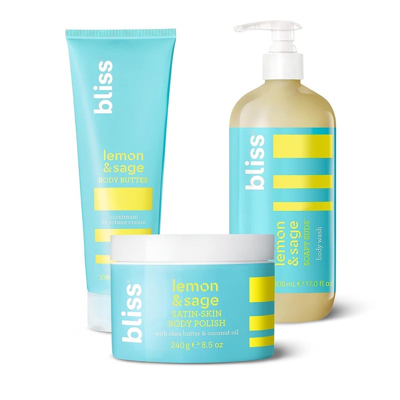 Bliss Lemon  Sage Trio Soapy Suds Body Wash Exfoliating Body Scrub  Lemon  Sage Body Butter  Hydrating  Nourishing for Soft Radiant Skin