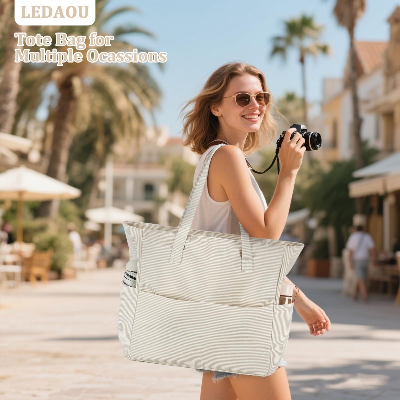 LEDAOU Large Beach Bag Women Waterproof Sandproof Zipper Beach Tote Pool Bag for Gym Grocery Travel with Wet Pocket - Image 3