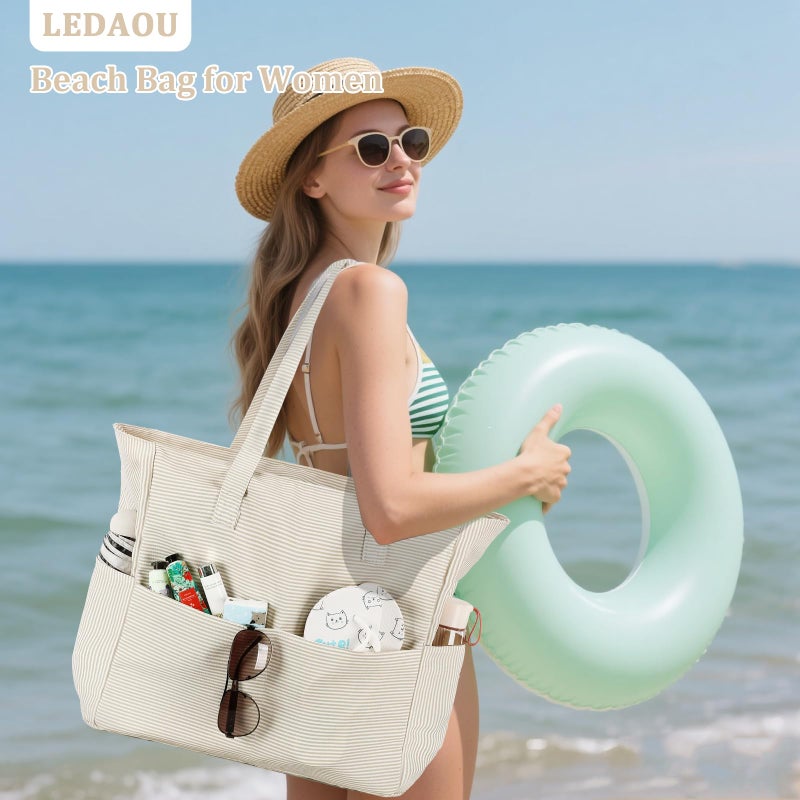 LEDAOU Large Beach Bag Women Waterproof Sandproof Zipper Beach Tote Pool Bag for Gym Grocery Travel with Wet Pocket - Image 2