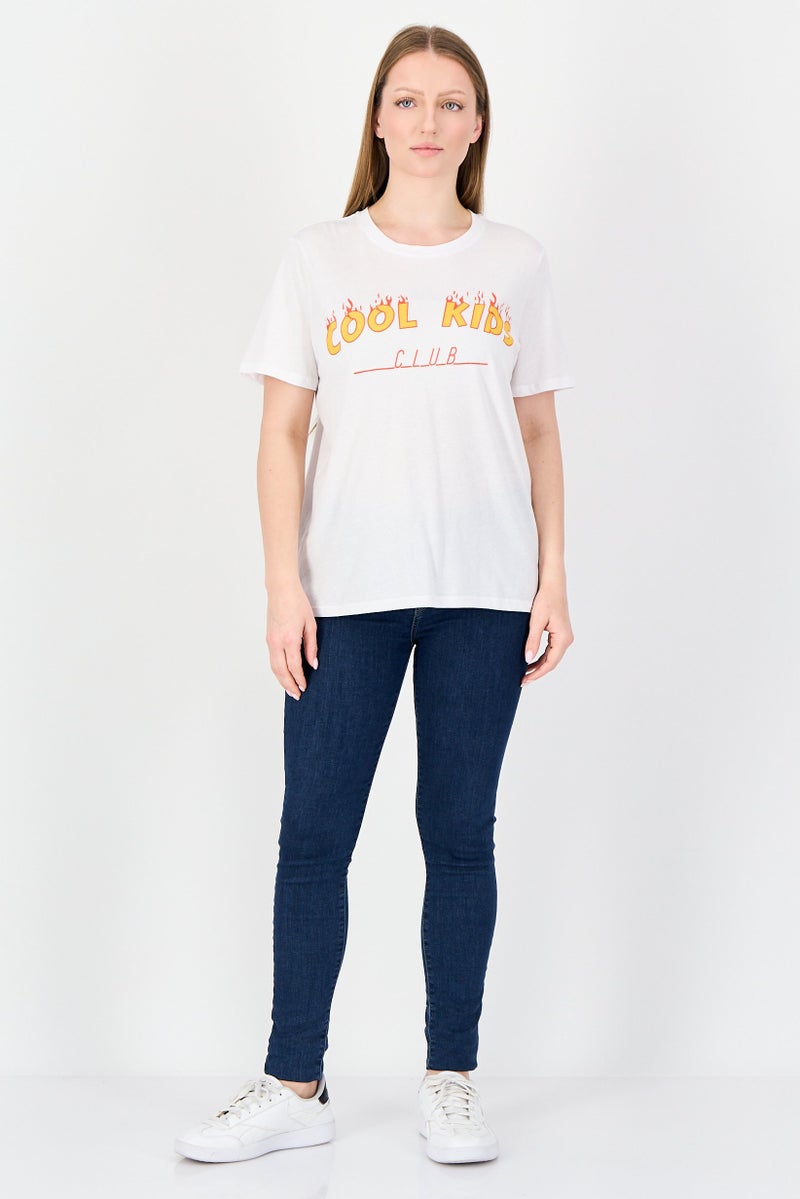 UNDIZ Women Crew Neck Short Sleeve Graphic Print T-Shirt, White - Image 4