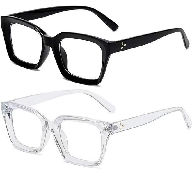 نظارات طبية كلاسيكية بدون وصفة طبية بعدسات شفافة للنساء والرجال، قطعتان من النظارات الطبية المزيفة ذات الإطار السميك المربع، مضادة للضوء الأزرق بإطار كامل، نظارات بسيطة أنيقة للسفر والعطلات - Image 1