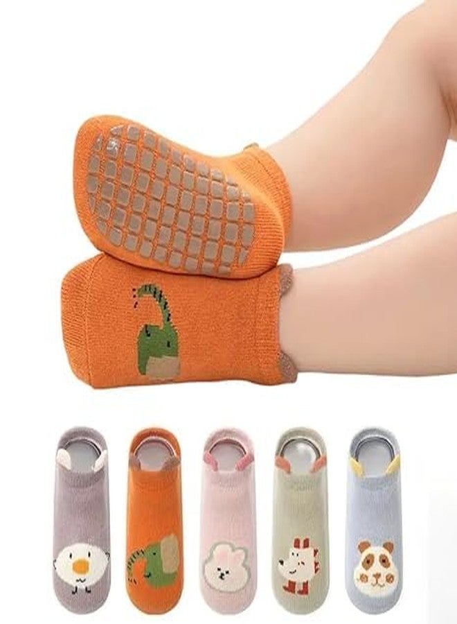 DRAWBRIDGE Baby Toddler Socks 12-36 Months - 5 Pairs Cute Cartoon Non-Slip Socks for Boys & Girls - Soft Lycra Cotton, Breathable, Anti-Slip Silicone Grip, Comfortable Fit for Kids 1-3 Years - Image 1