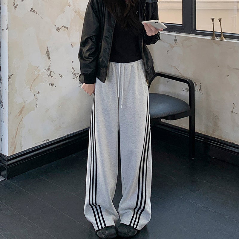 American Style Streetwear Autumn/Winter New Three-Stripe Sweatpants Trendy Loose-Fit Straight-Leg Casual Pants Slimming Gray  - Image 1