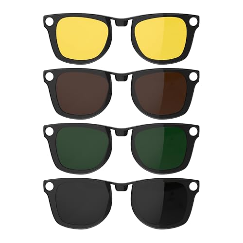 HIBLOKS 4Pcs Polarized Clip for Ray-Ban Meta Wayfarer RW4006 & Gen 2 RW4012 Regular (50-22), Shiny Black Frame Discoloration Clip-on for Meta Wayfarer Gen 2, (Black+Green+Brown+Yellow) - Image 1