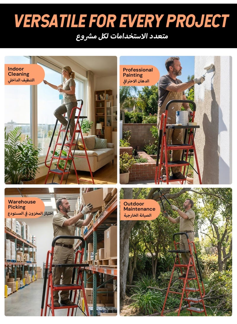 SEKAM 5 Step Ladder: Folding Heavy Duty Ladder with Tool Tray & Wide Anti-Slip Pedals – 800 lbs Capacity Steel Portable Stepladder for Home, Kitchen, Garage & Pantry Use - Image 4