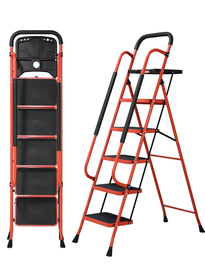 SEKAM 5 Step Ladder: Folding Heavy Duty Ladder with Tool Tray & Wide Anti-Slip Pedals – 800 lbs Capacity Steel Portable Stepladder for Home, Kitchen, Garage & Pantry Use - Image 1
