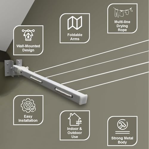 JD FRESH Metal Foldable Wall Mount Cloth Drying Stand with 30 Feet Rope/Wall Hanging Clothes Dryer Rack for Balcony & Indoor Use/Space Saving Wall Mounted Laundry Hanger(Silver) - Image 5