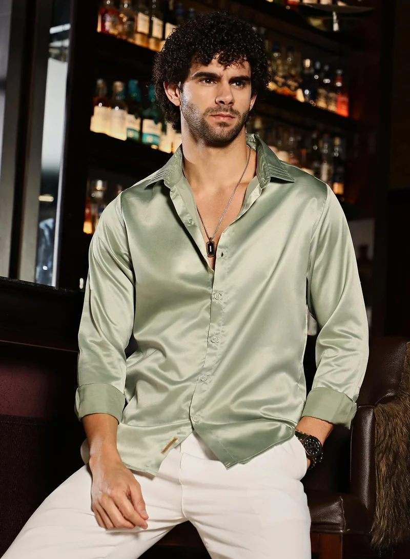 Campus Sutra Men's Sage Green Solid Satin Shirt For Casual Wear | Spread Collar | Long Cuffed Sleeves | Button Closure | Shirt Crafted With Comfort Fit For Everyday Wear