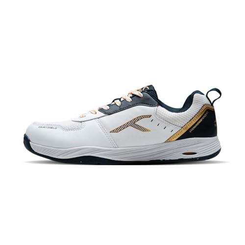 Hundred Unisex-Adult Court Shield Non-Marking Badminton Shoes | Enhanced Court Control Outsole for Precision | X-Cushion | Ideal for Indoor, Synthetic & Wooden Surfaces(White/Navy/Gold ;1 UK) - Image 1